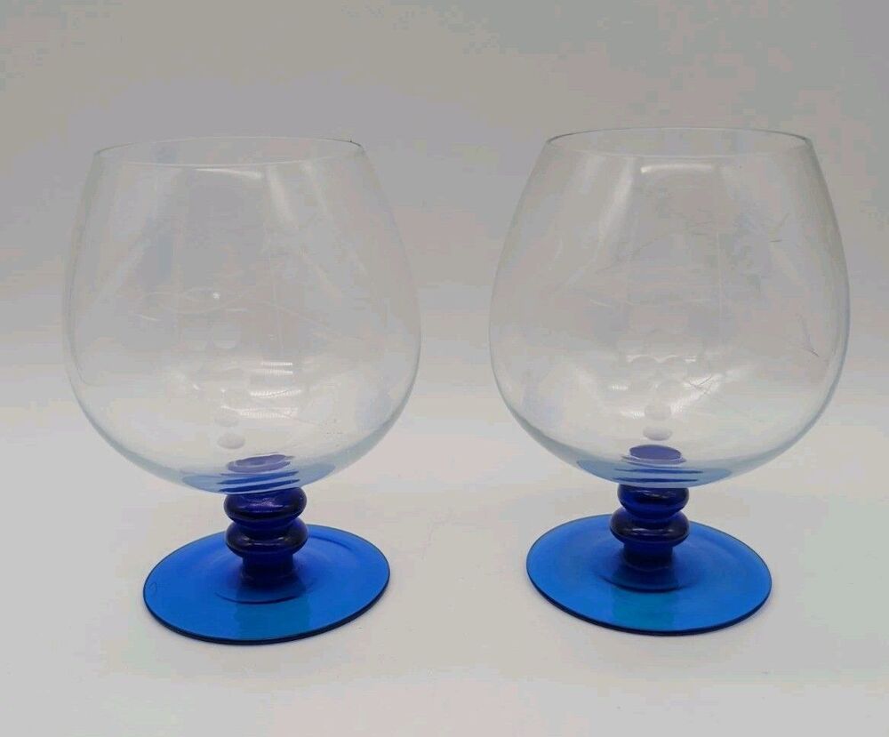 Vtg Luminarc France Ocean Blue Sapphire Cognac Snifters Engraved Grapes